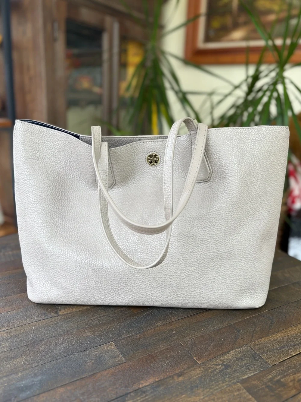 Tory Burch Pebbled Leather Tote with Logo Medallion